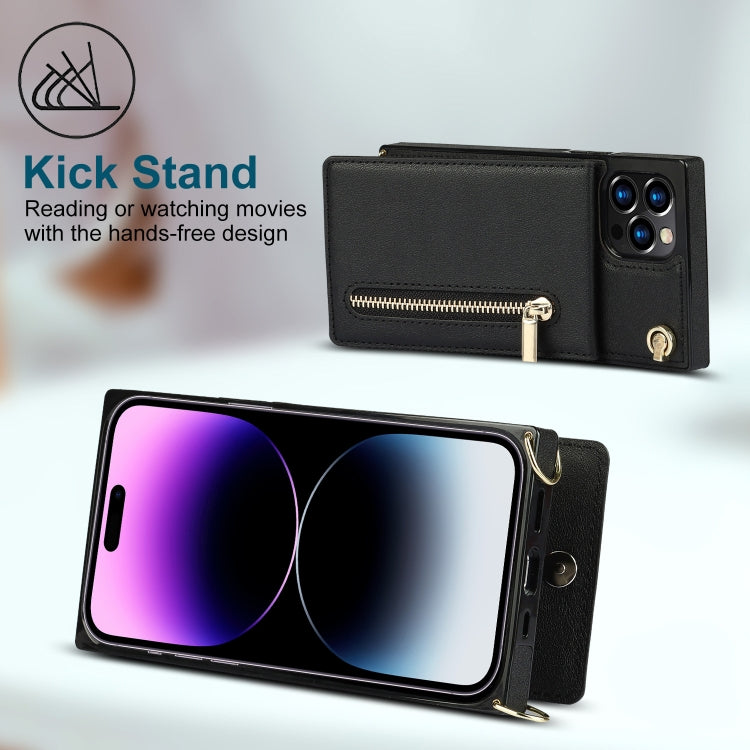 For iPhone 14 Pro Max Cross-body Zipper Square Phone Case with Holder