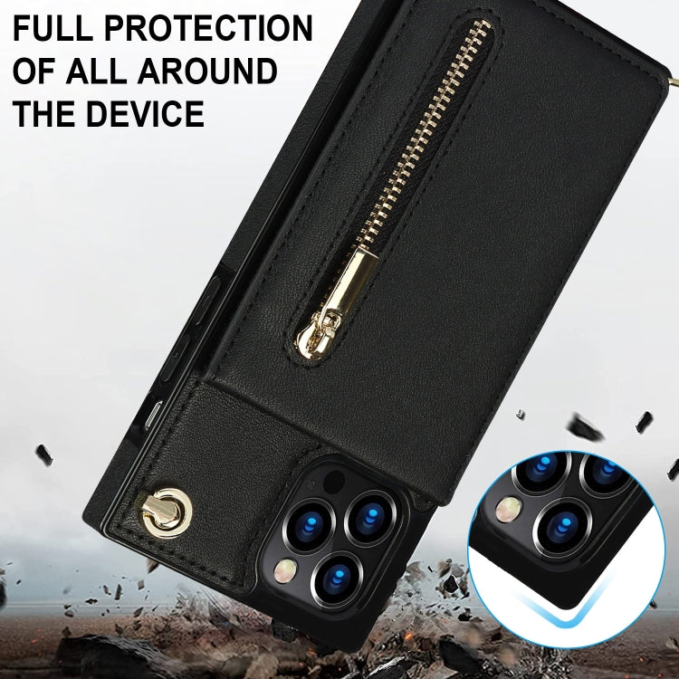 For iPhone 14 Pro Max Cross-body Zipper Square Phone Case with Holder