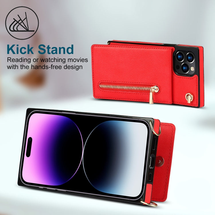 For iPhone 14 Pro Max Cross-body Zipper Square Phone Case with Holder