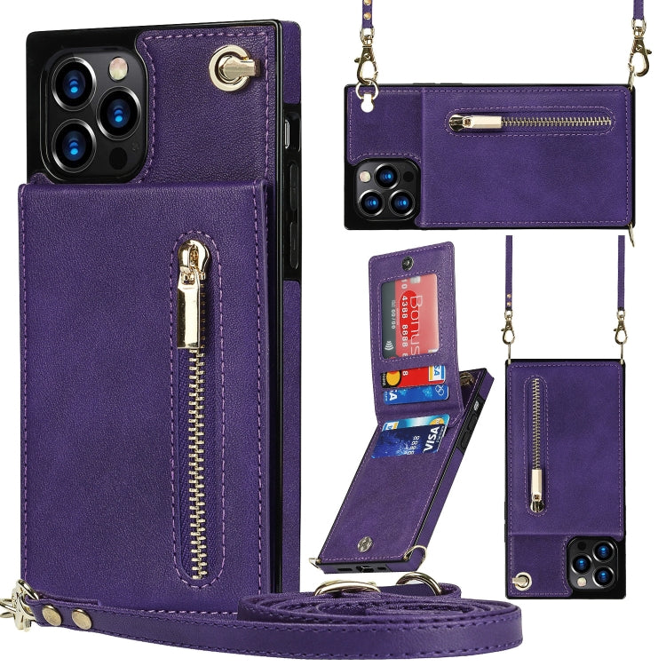 For iPhone 14 Pro Max Cross-body Zipper Square Phone Case with Holder