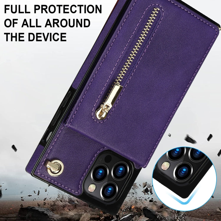 For iPhone 14 Pro Max Cross-body Zipper Square Phone Case with Holder