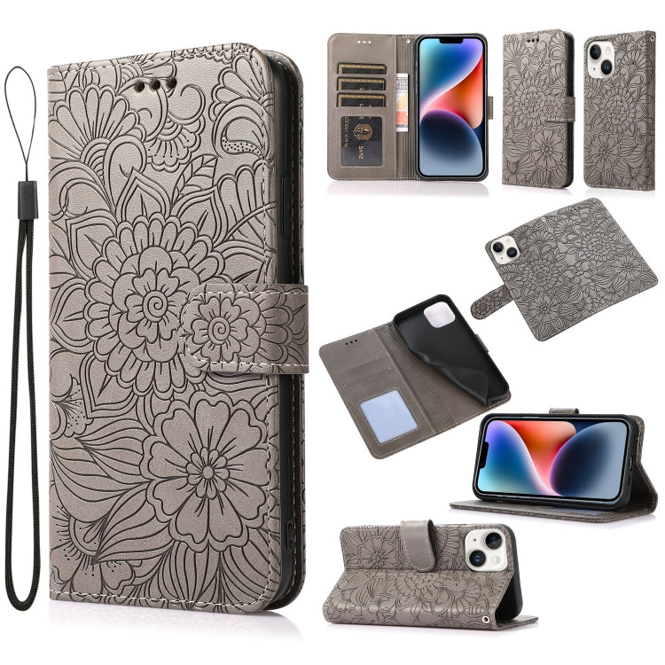For iPhone 13 mini Skin Feel Embossed Sunflower Horizontal Leather Case