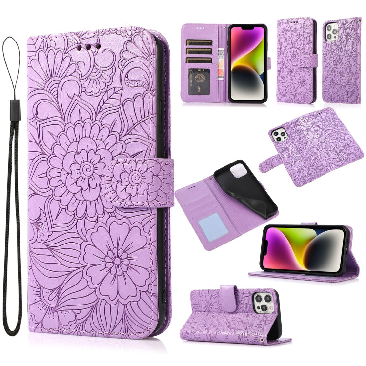 For iPhone 13 Pro Skin Feel Embossed Sunflower Horizontal Leather Case