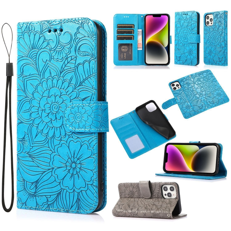 For iPhone 13 Pro Skin Feel Embossed Sunflower Horizontal Leather Case