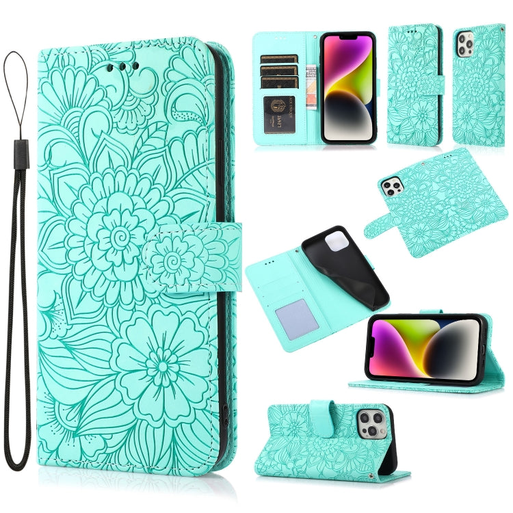 For iPhone 13 Pro Max Skin Feel Embossed Sunflower Horizontal Leather Case