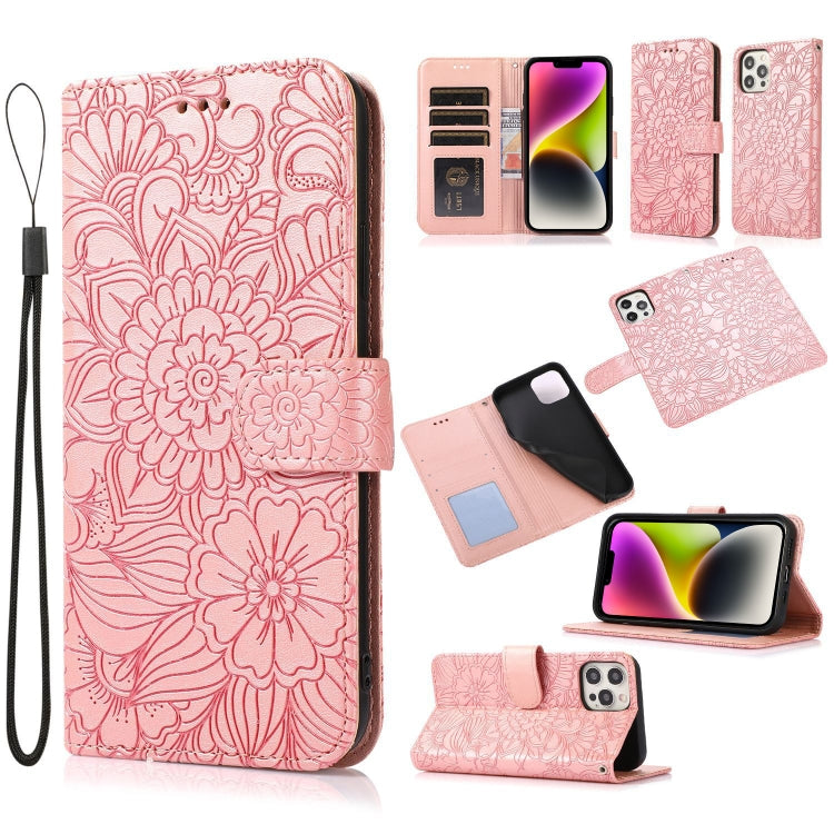 For iPhone 13 Pro Max Skin Feel Embossed Sunflower Horizontal Leather Case
