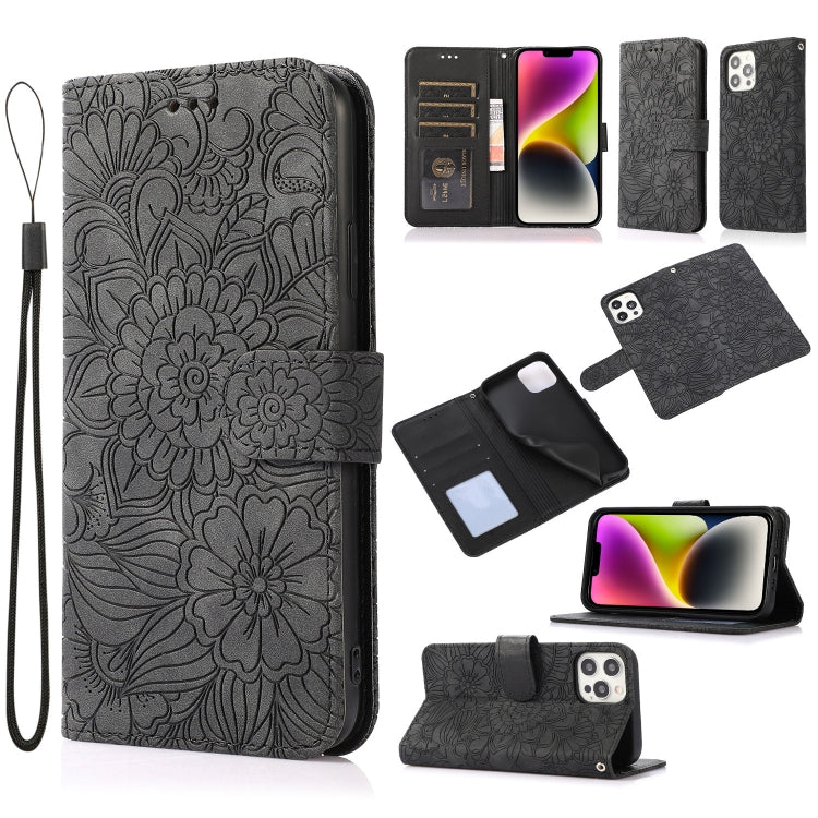 For iPhone 13 Pro Max Skin Feel Embossed Sunflower Horizontal Leather Case
