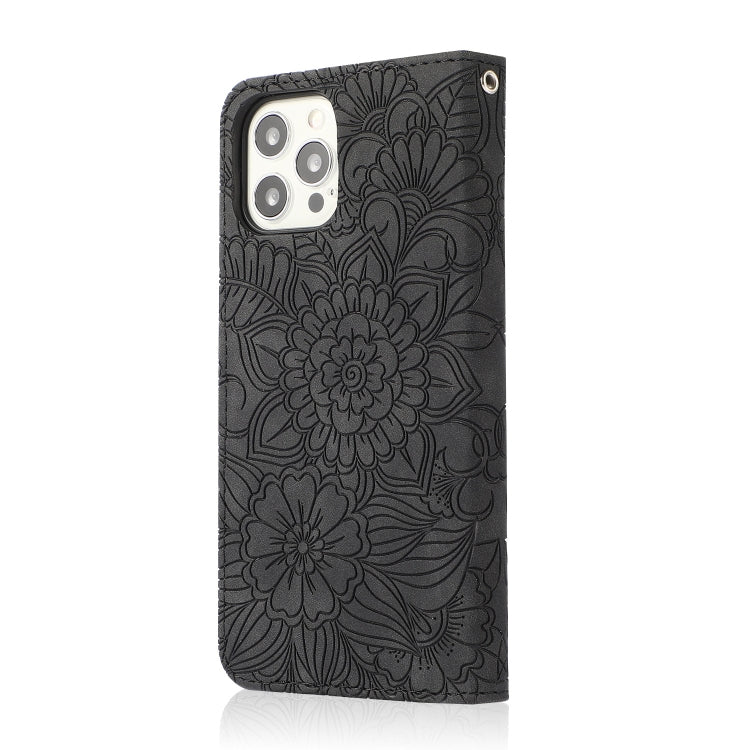 For iPhone 13 Pro Max Skin Feel Embossed Sunflower Horizontal Leather Case