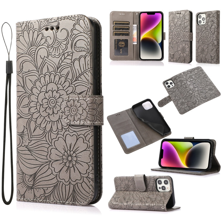 For iPhone 13 Pro Max Skin Feel Embossed Sunflower Horizontal Leather Case