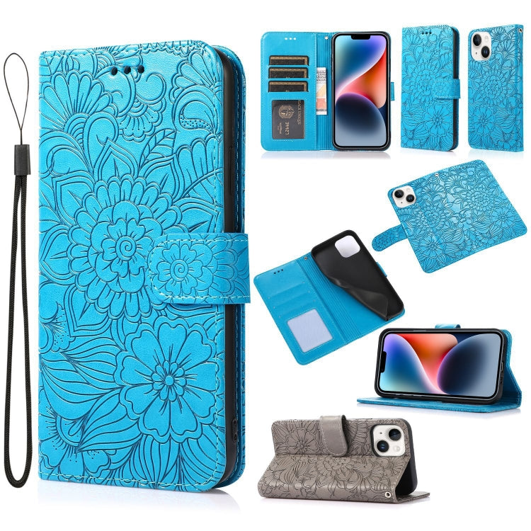 For iPhone 14 Skin Feel Embossed Sunflower Horizontal Leather Case