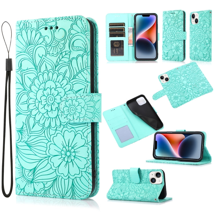 For iPhone 14 Skin Feel Embossed Sunflower Horizontal Leather Case