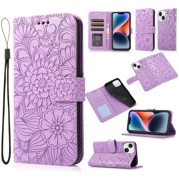 For iPhone 14 Plus Skin Feel Embossed Sunflower Horizontal Leather Case