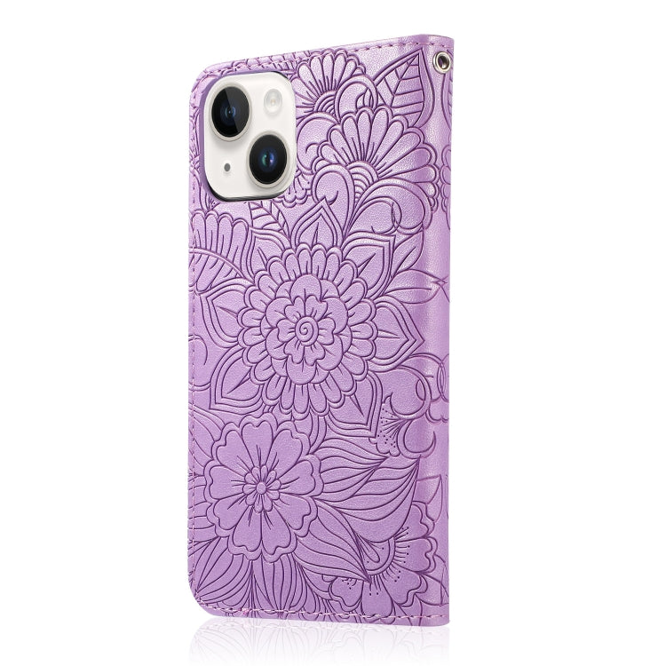 For iPhone 14 Plus Skin Feel Embossed Sunflower Horizontal Leather Case