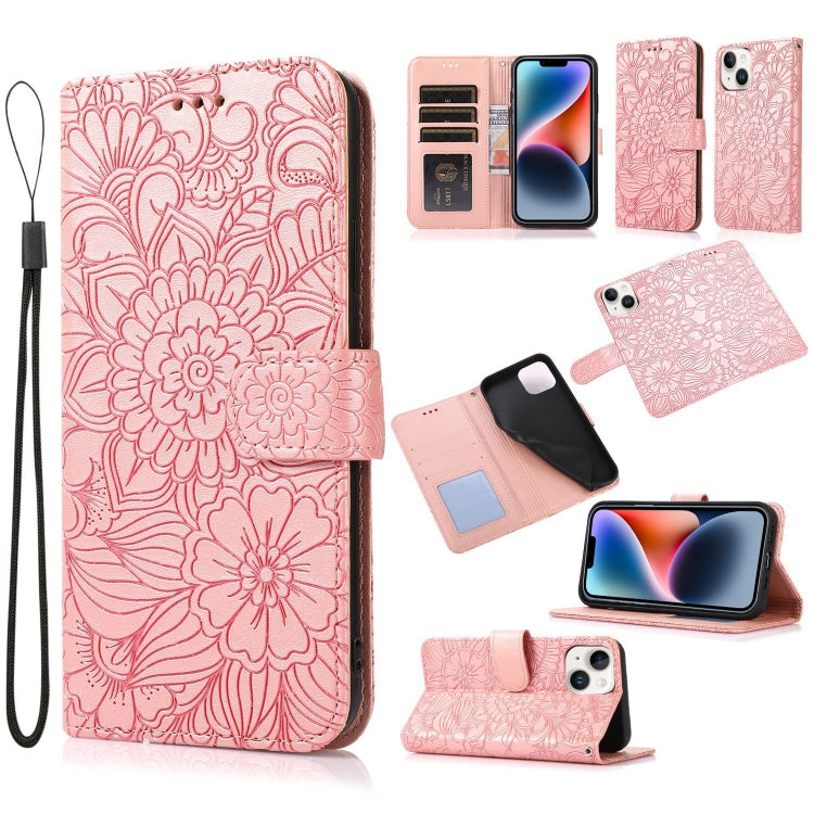For iPhone 14 Plus Skin Feel Embossed Sunflower Horizontal Leather Case