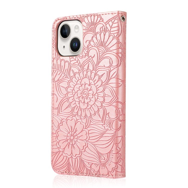 For iPhone 14 Plus Skin Feel Embossed Sunflower Horizontal Leather Case
