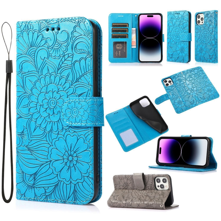 For iPhone 14 Pro Skin Feel Embossed Sunflower Horizontal Leather Case