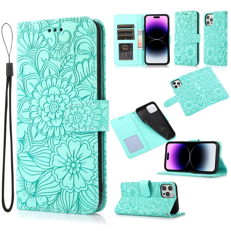 For iPhone 14 Pro Skin Feel Embossed Sunflower Horizontal Leather Case