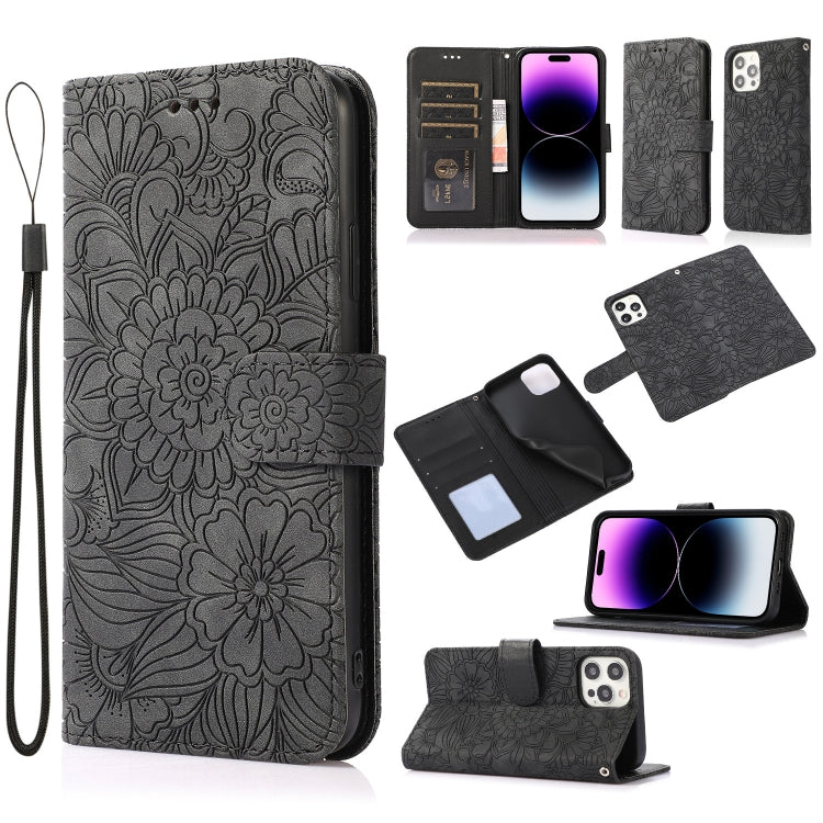 For iPhone 14 Pro Skin Feel Embossed Sunflower Horizontal Leather Case