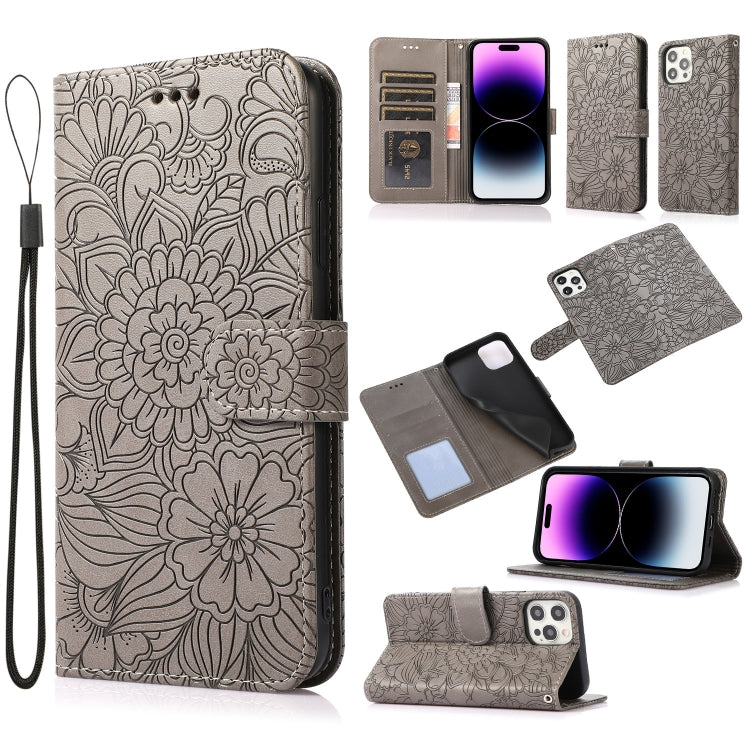For iPhone 14 Pro Skin Feel Embossed Sunflower Horizontal Leather Case