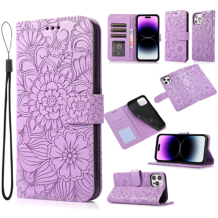 For iPhone 14 Pro Max Skin Feel Embossed Sunflower Horizontal Leather Case