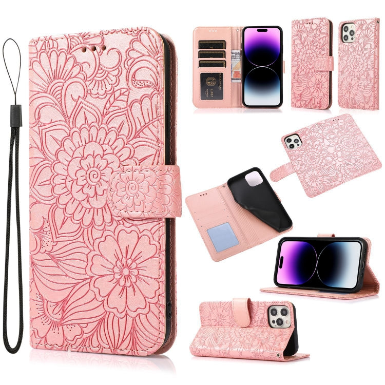 For iPhone 14 Pro Max Skin Feel Embossed Sunflower Horizontal Leather Case