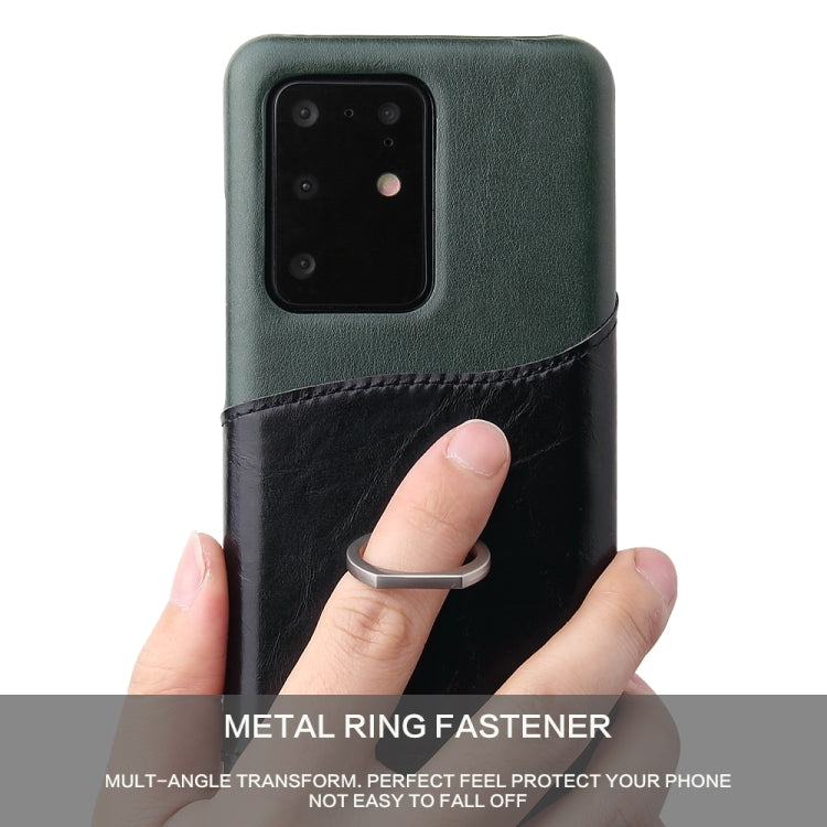 For Galaxy S20 Ultra Fierre Shann Oil Wax Texture Genuine Leather Back Cover Case with 360 Degree Rotation Holder & Card Slot