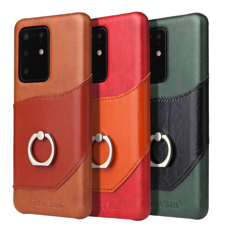 For Galaxy S20 Ultra Fierre Shann Oil Wax Texture Genuine Leather Back Cover Case with 360 Degree Rotation Holder & Card Slot