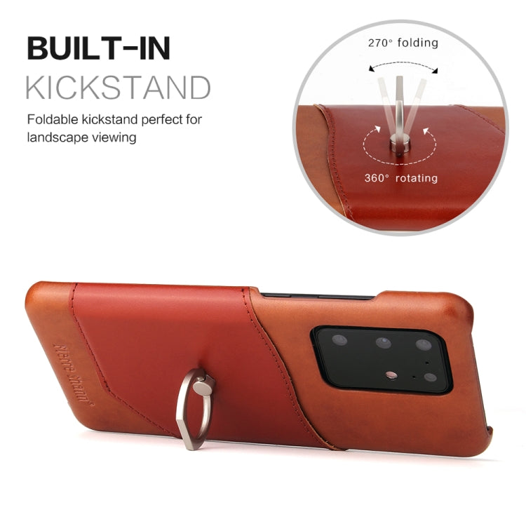 For Galaxy S20 Ultra Fierre Shann Oil Wax Texture Genuine Leather Back Cover Case with 360 Degree Rotation Holder & Card Slot