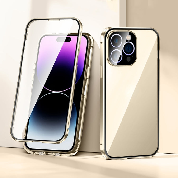 For iPhone 14 Pro Max Magnetic Double-buckle HD Tempered Glass Phone Case