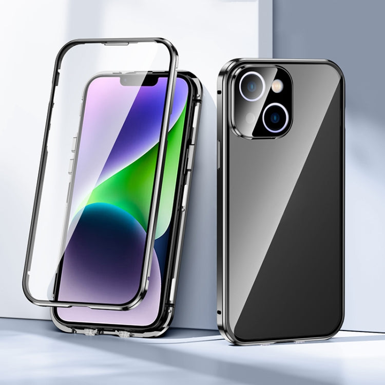 For iPhone 14 Plus Magnetic Double-buckle HD Tempered Glass Phone Case