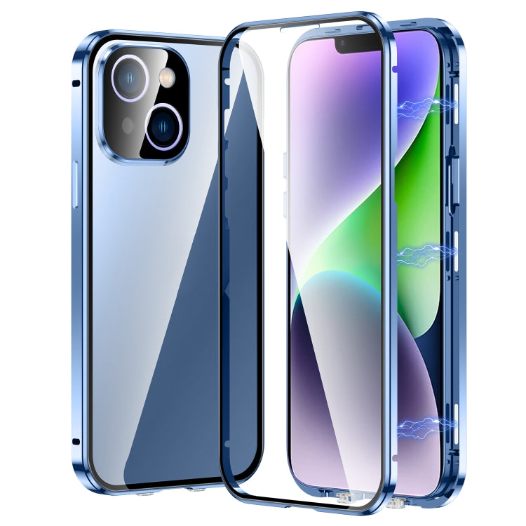 For iPhone 14 Plus Magnetic Double-buckle HD Tempered Glass Phone Case
