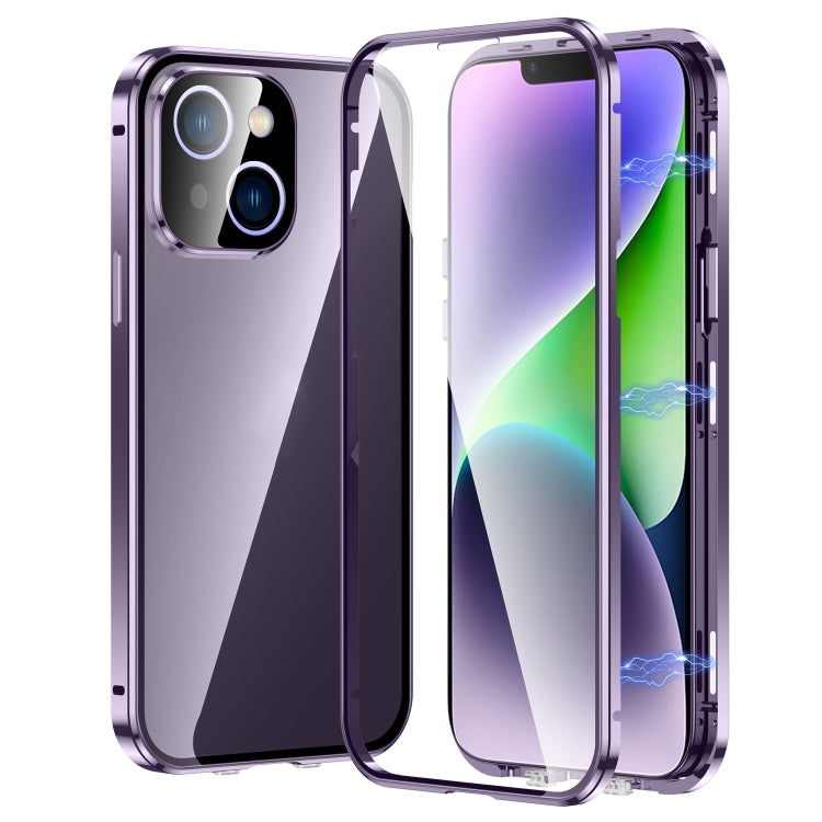 For iPhone 14 Plus Magnetic Double-buckle HD Tempered Glass Phone Case