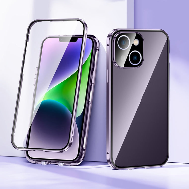 For iPhone 14 Plus Magnetic Double-buckle HD Tempered Glass Phone Case