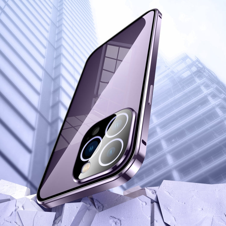 For iPhone 14 Plus Magnetic Double-buckle HD Tempered Glass Phone Case