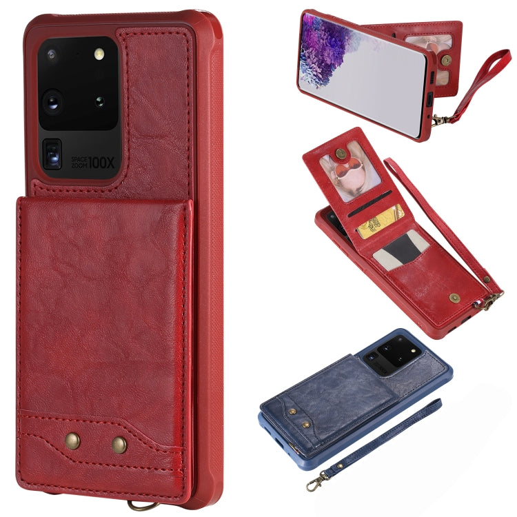 For Galaxy S20 Ultra Vertical Flip Shockproof Leather Protective Case with Short Rope, Support Card Slots & Bracket & Photo Holder & Wallet Function