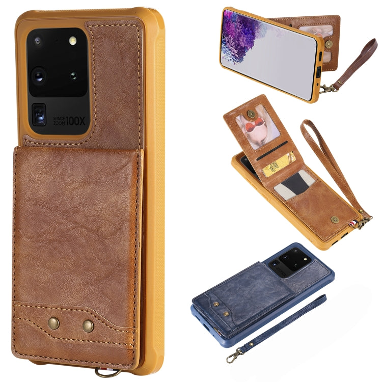 For Galaxy S20 Ultra Vertical Flip Shockproof Leather Protective Case with Short Rope, Support Card Slots & Bracket & Photo Holder & Wallet Function