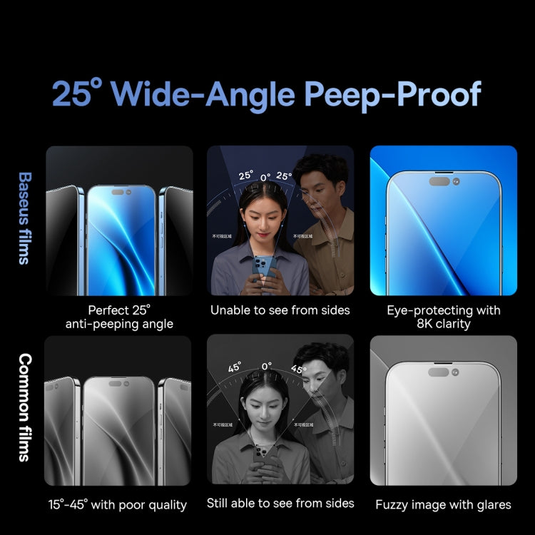 For iPhone 14 Pro 2pcs Baseus 0.3mm Full-glass Anti-peeping Tempered Glass Film