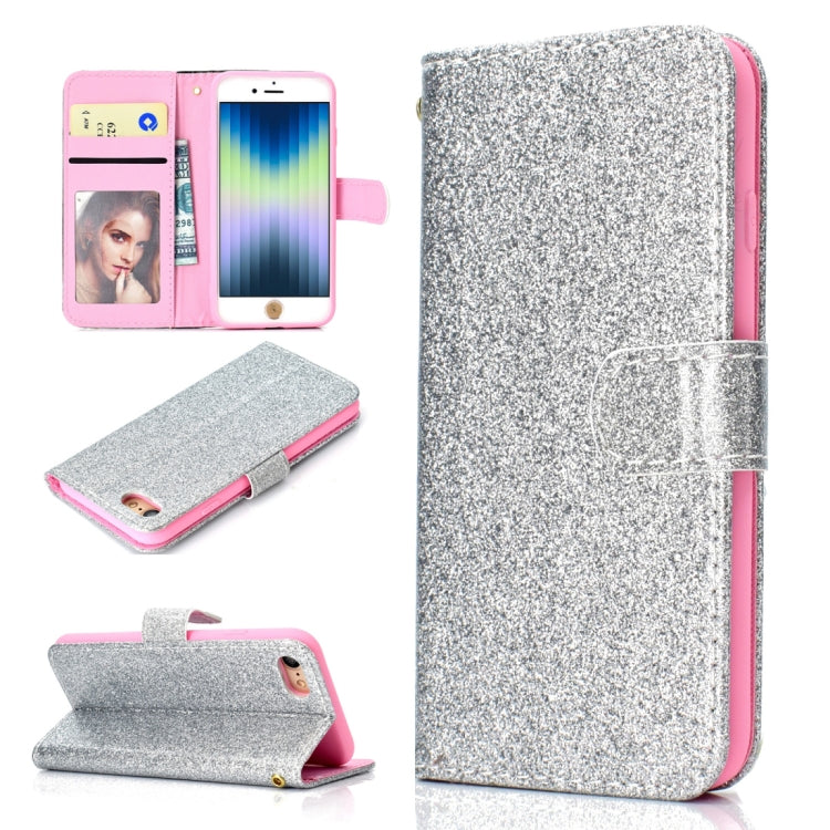For iPhone SE 2022 / SE 2020 Glitter Powder Horizontal Flip Leather Case with Card Slots & Holder & Photo Frame & Wallet