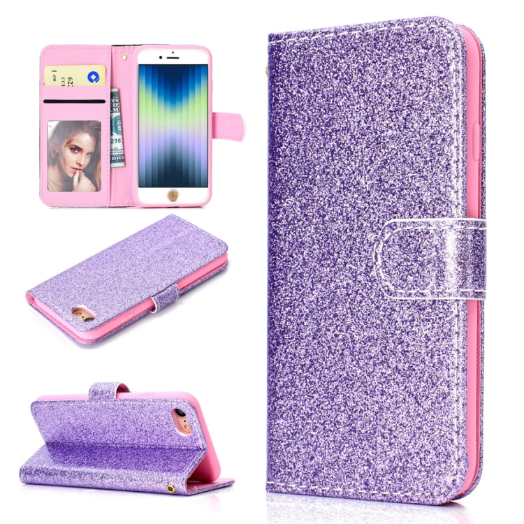 For iPhone SE 2022 / SE 2020 Glitter Powder Horizontal Flip Leather Case with Card Slots & Holder & Photo Frame & Wallet