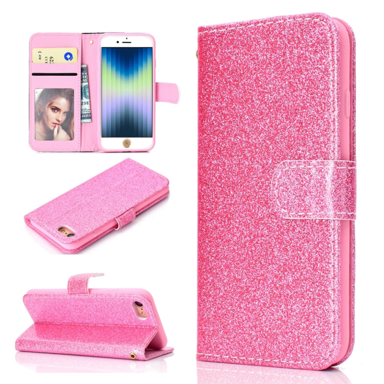 For iPhone SE 2022 / SE 2020 Glitter Powder Horizontal Flip Leather Case with Card Slots & Holder & Photo Frame & Wallet