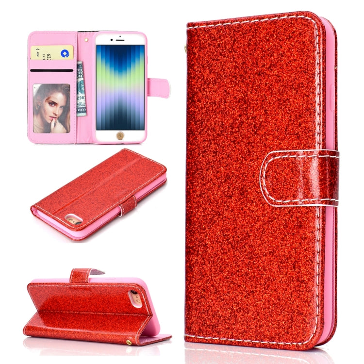 For iPhone SE 2022 / SE 2020 Glitter Powder Horizontal Flip Leather Case with Card Slots & Holder & Photo Frame & Wallet