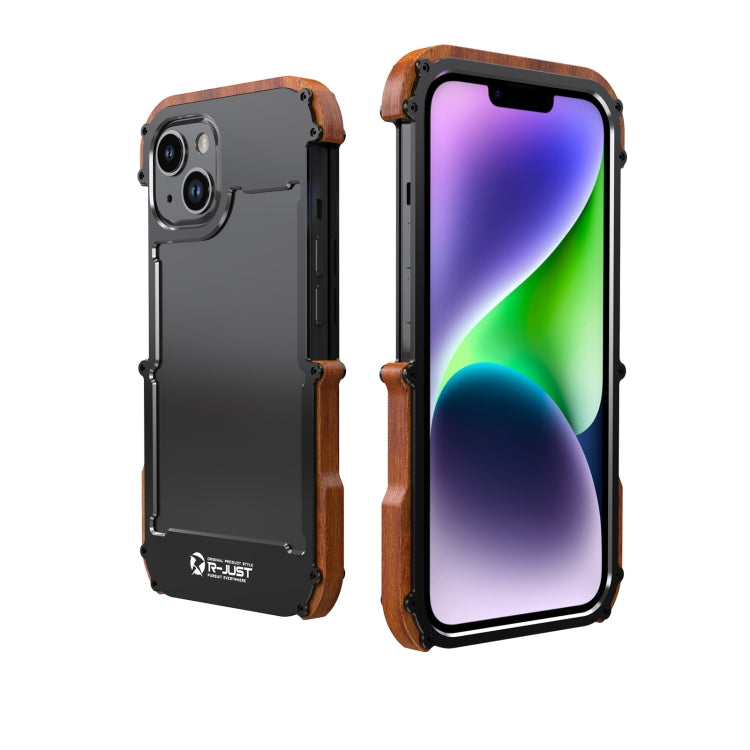 For iPhone 14 R-JUST Ironwood Generation Metal + Wood Phone Case