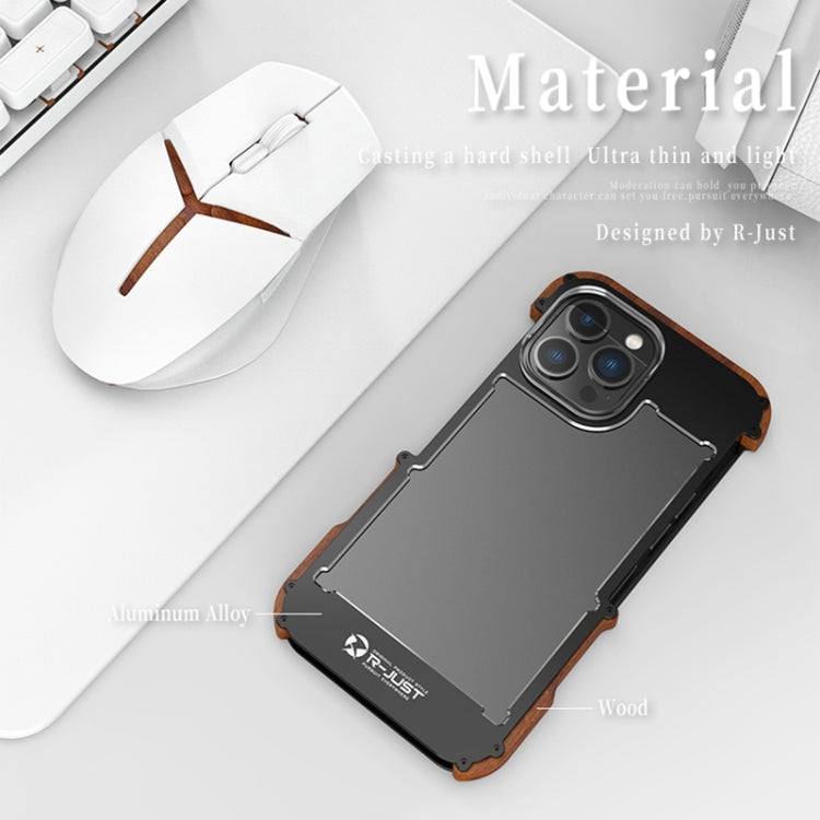 For iPhone 14 Pro Max R-JUST Ironwood Generation Metal + Wood Phone Case