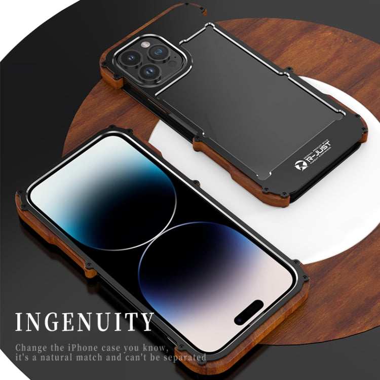 For iPhone 14 Pro Max R-JUST Ironwood Generation Metal + Wood Phone Case