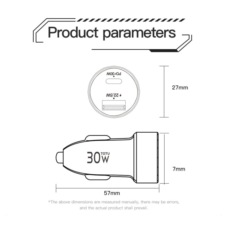 TOTU DCCPD-015 Ming Series 30W USB + Type-C Fast Charging Car Charger(Black)
