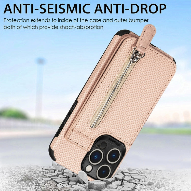 For iPhone 14 Pro Carbon Fiber Vertical Flip Zipper Phone Case