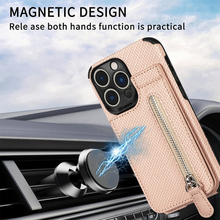 For iPhone 14 Pro Carbon Fiber Vertical Flip Zipper Phone Case