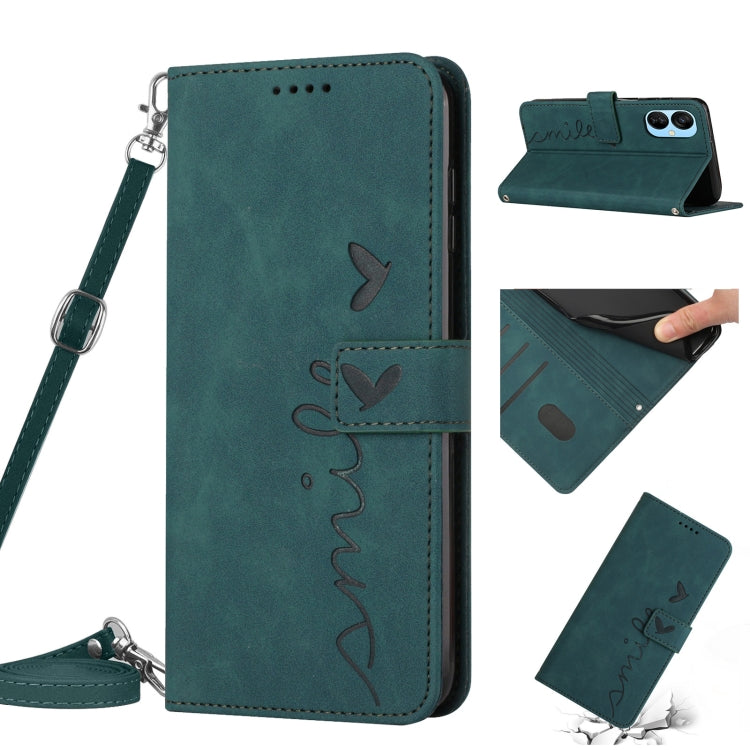 For Tecno Spark 9T Skin Feel Heart Pattern Leather Phone Case with Lanyard