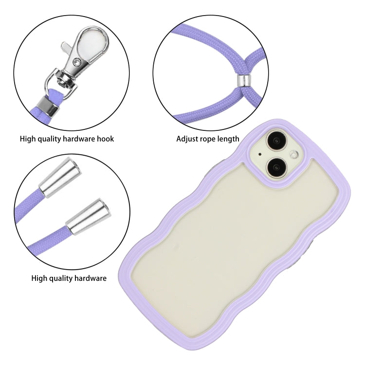 For iPhone 15 Plus Lanyard Candy Color Wave TPU Clear PC Phone Case