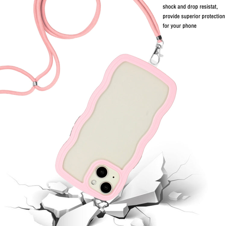 For iPhone 15 Plus Lanyard Candy Color Wave TPU Clear PC Phone Case